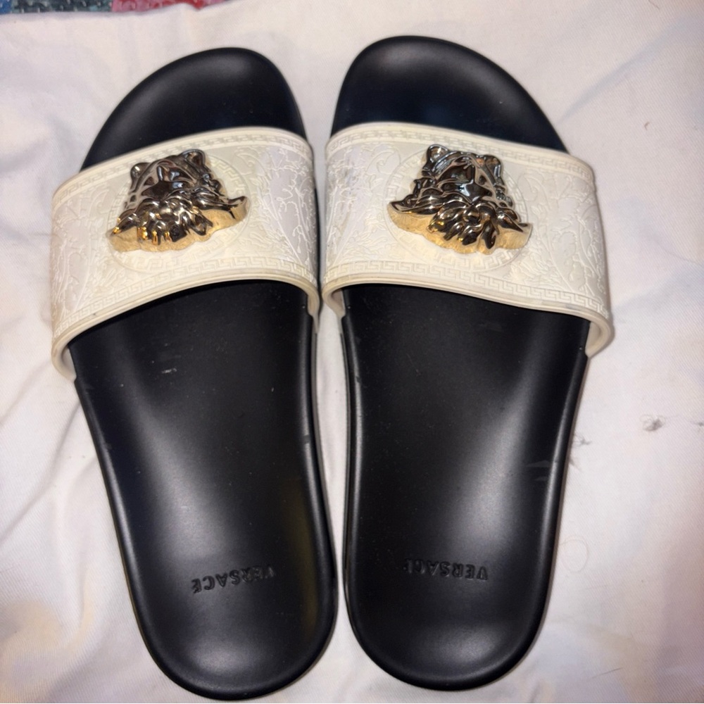 Versace Black and Cream Sandals with Iconic Emblem